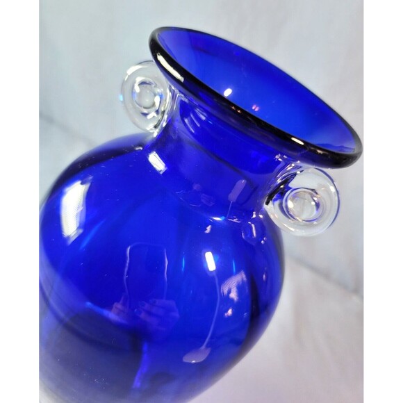 Cobalt Blue Amphora Vase 10"T Vintage Hand Blown w/ Clear Handles - Picture 6 of 10